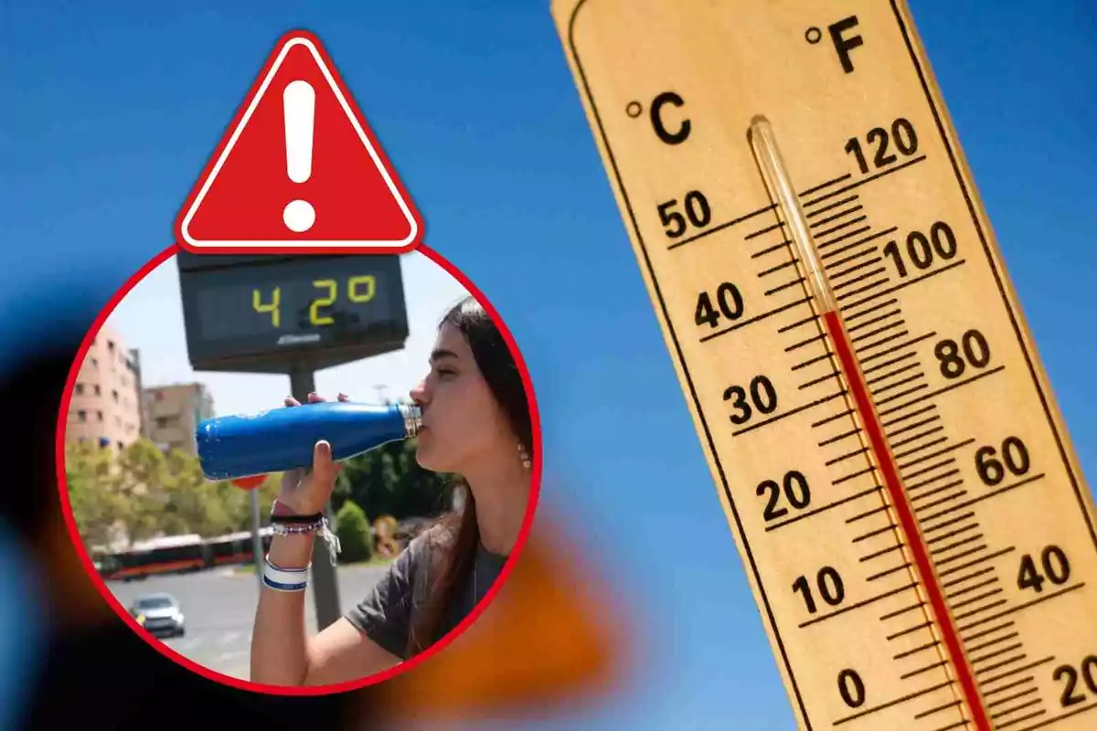 Termòmetre marcant alta temperatura al costat d’un senyal d’advertència i una persona bevent aigua en un dia calorós Termòmetre marcant alta temperatura al costat d’un senyal d’advertència i una persona bevent aigua en un dia calorós