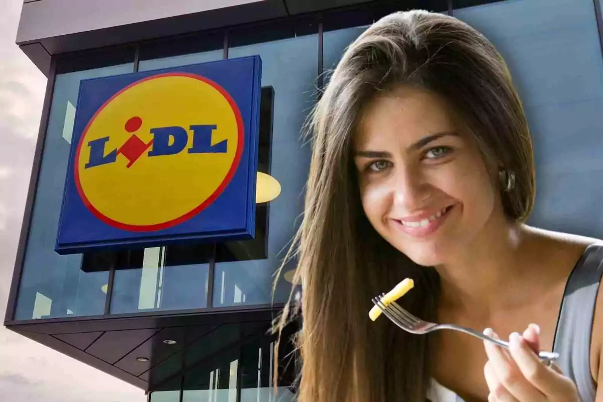 Woman smiling holds a fork with food in front of a Lidl store