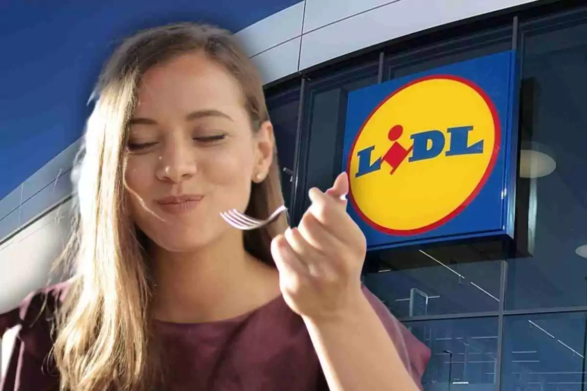 Young woman enjoying a meal in front of a Lidl store