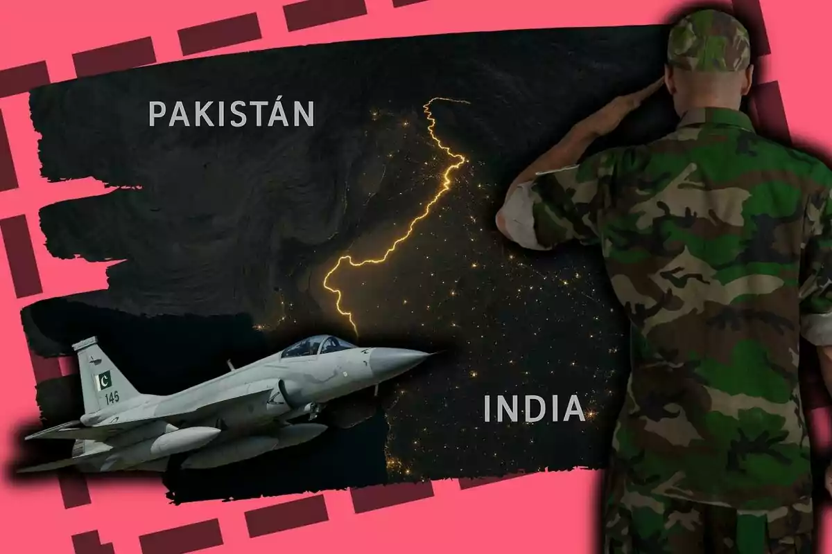 Un militar saluda davant d'un mapa nocturn que mostra la frontera il·luminada entre el Pakistan i l'Índia, amb un avió militar en primer pla.