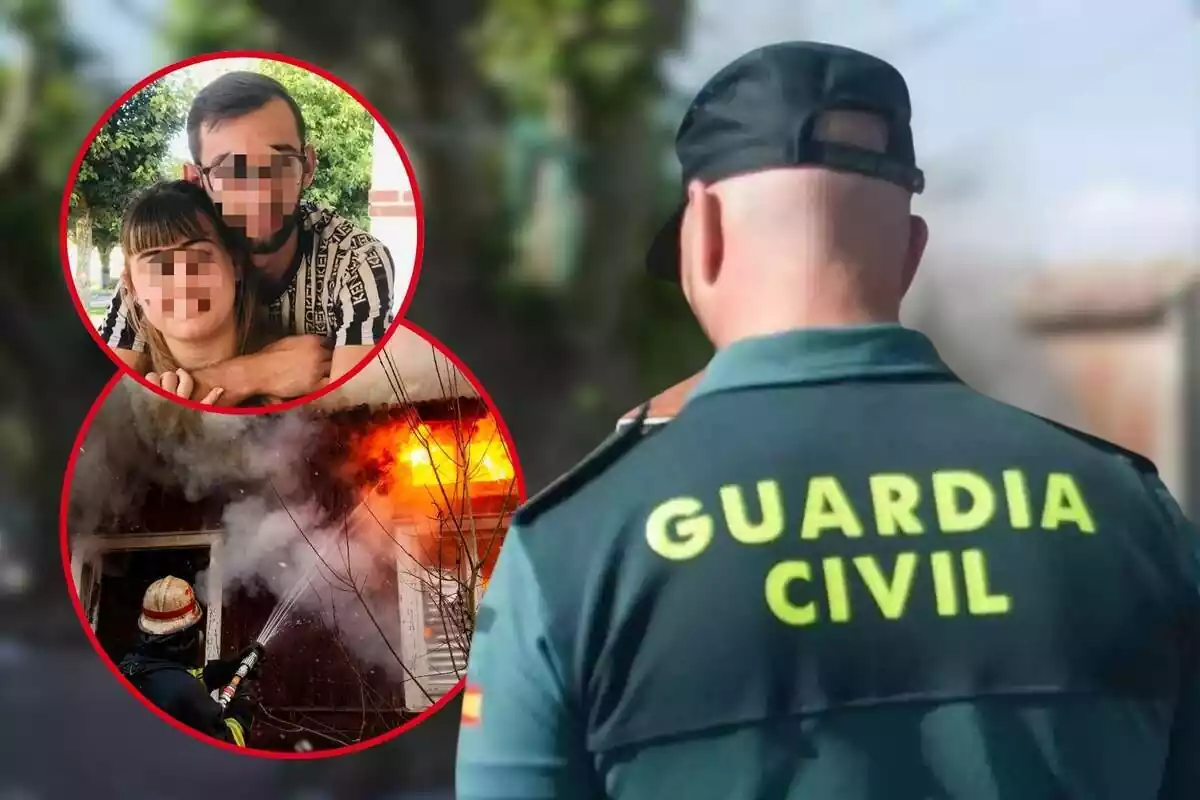 Muntatge de fotos d´un guàrdia civil d´esquena i, al costat, la imatge d´un bomber apagant un foc i una parella amb la cara pixelada