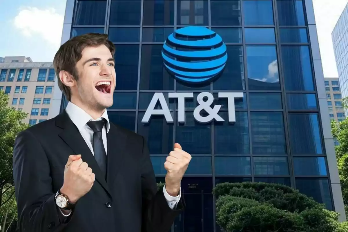 A smiling man in a suit in front of an AT&T building.