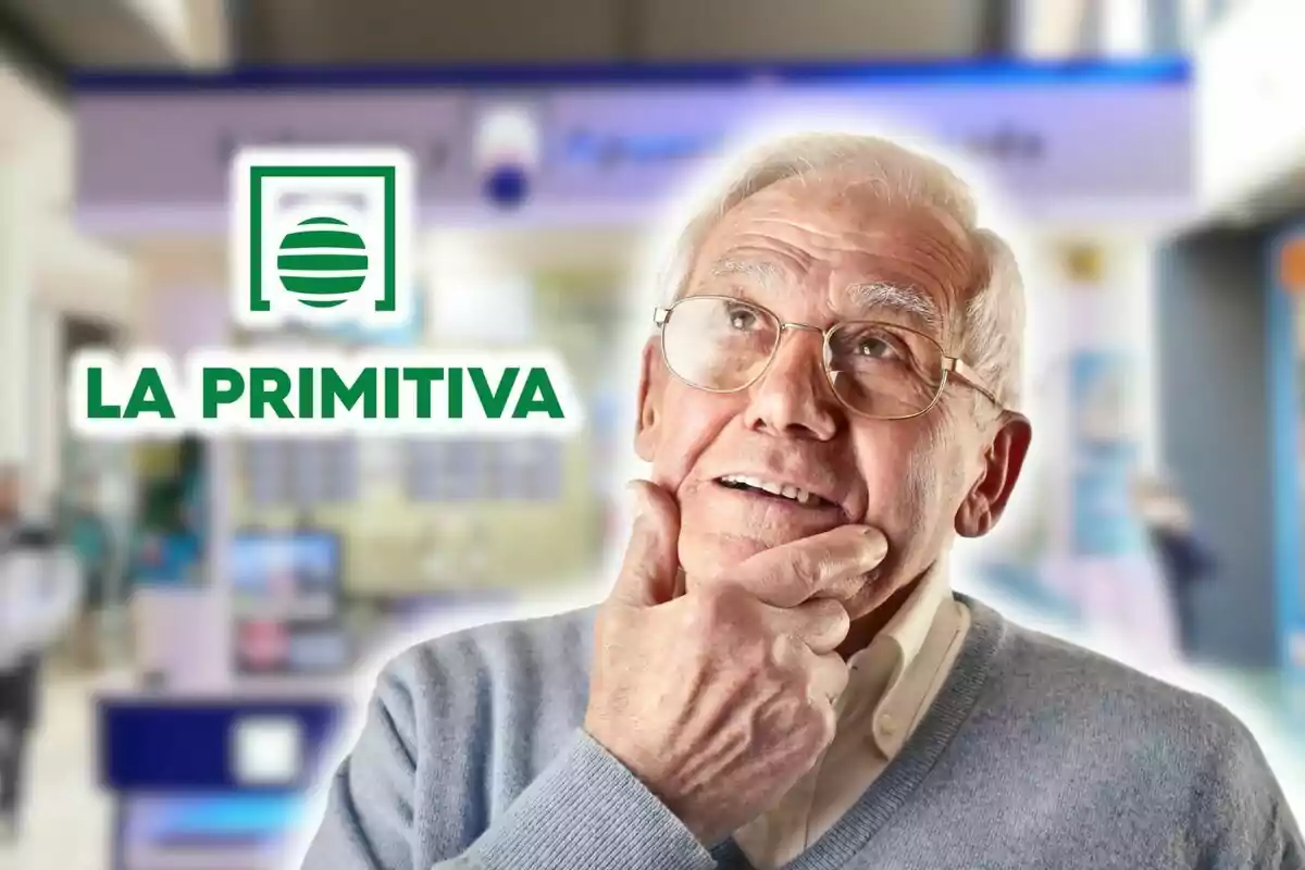 Un home gran amb ulleres i suèter gris apareix pensatiu davant d'un fons borrós, amb el logo i el text “La Primitiva” en verd.