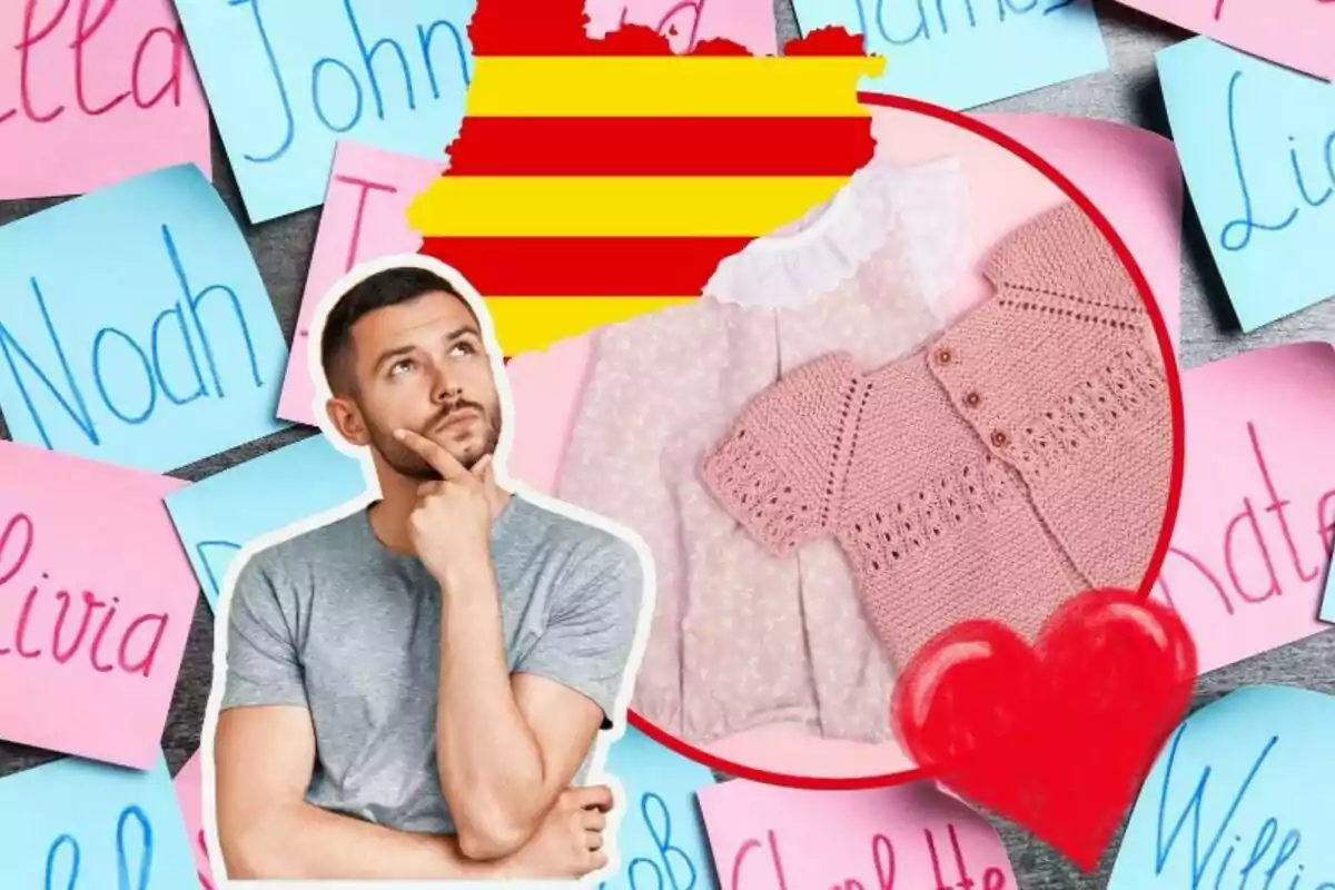 Muntatge de fotos d´home pensatiu mirant roba de nena amb bandera catalana i un cor