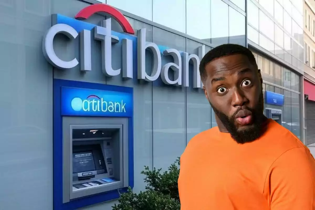 A man with a surprised expression in front of a bank ATM.