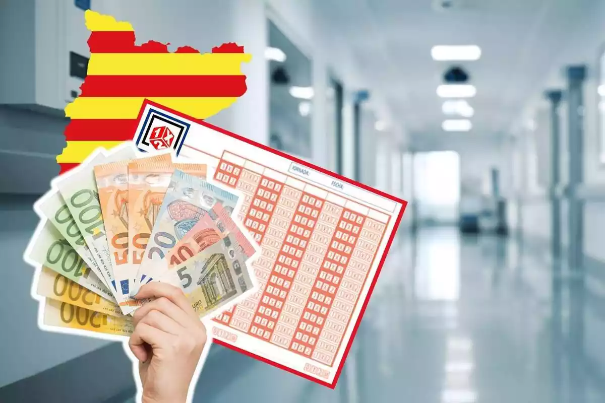 Muntatge de fotos de l'interior d'un hospital de fons i davant una mà subjectant bitllets d'euro, una travessa i la silueta de Catalunya