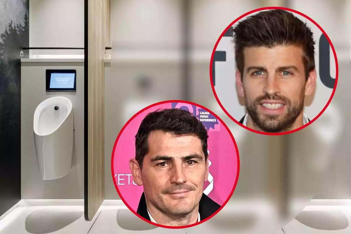 Muntatge de fotos de Gerard Piqué i Iker Casillas, tots dos somrients, i de fons una imatge del S-Urinal, el nou producte del negoci de tots dos