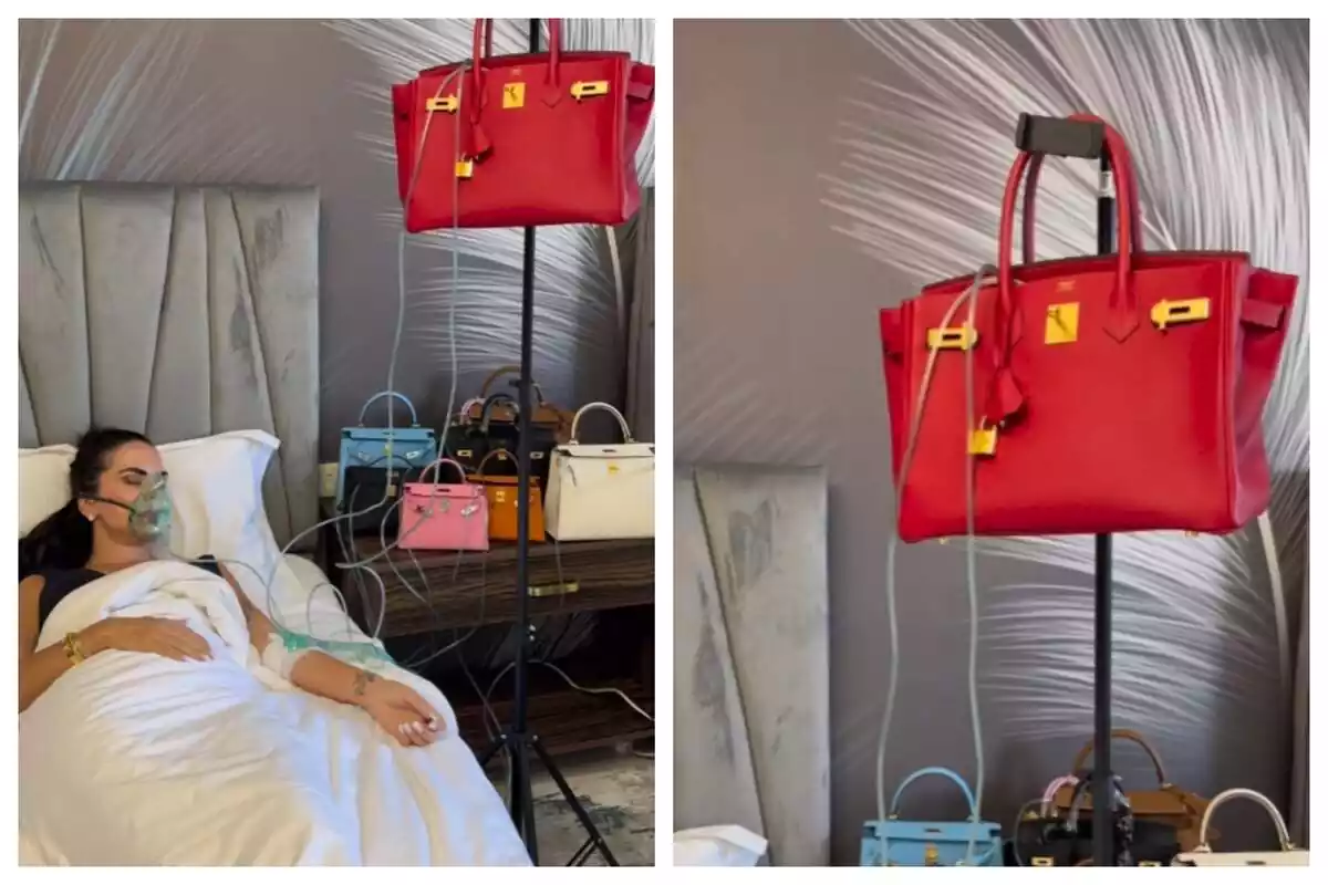 Muntatge de dues fotos d'un vídeo pujat a Instagram per la influencer @giulianatiofficial on apareix estirada en un llit simulant estar malalta i amb una bossa simulant ser un goter