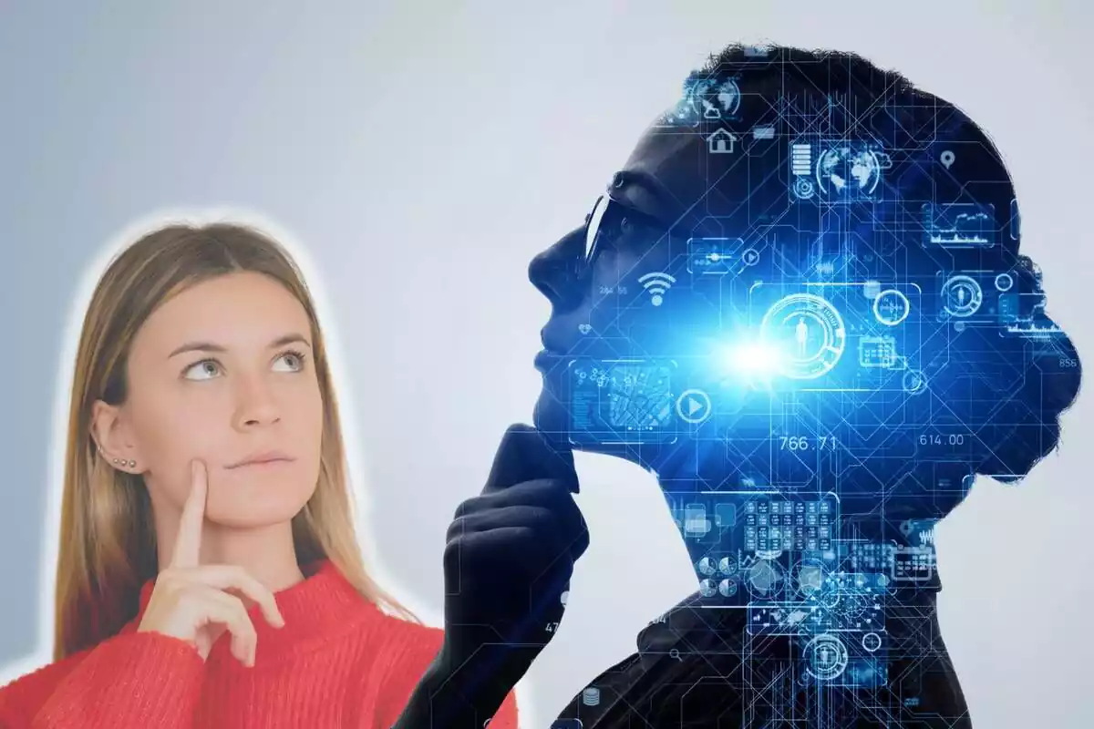 Muntatge de fotos d'una silueta d'una dona pensativa, feta suposadament amb intel·ligència artificial i, al costat, la imatge d'una noia amb rostre pensatiu