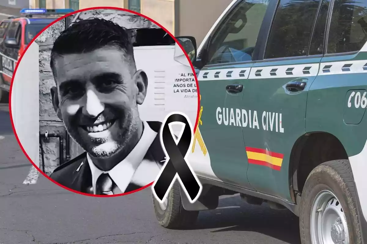 Muntatge de fotos d'un cotxe de la Guàrdia Civil i, al costat, una imatge de José Antonio Rosa amb cara somrient