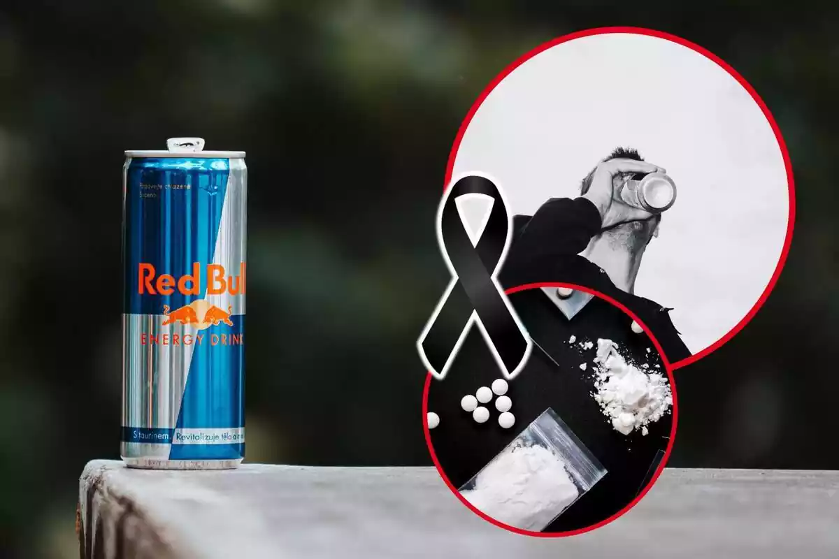 Muntatge de fotos d'una llauna de Redbull i, al costat, un jove bevent d'una llauna i la imatge d'una pols blanca damunt una taula