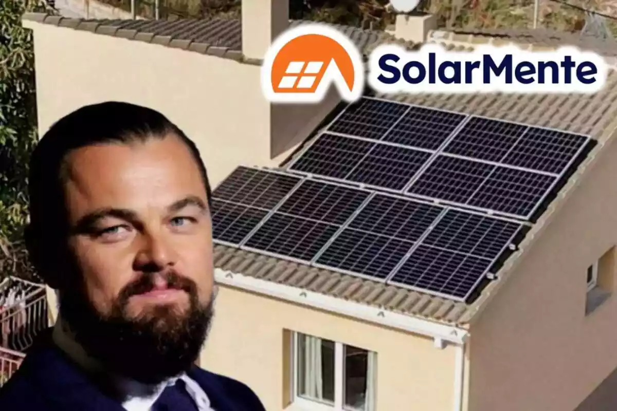 Muntatge de fotos d'un habitatge amb plaques solars, Leonardo diCaprio somrient amb un vestit blau i el logotip de SolarMente al costat