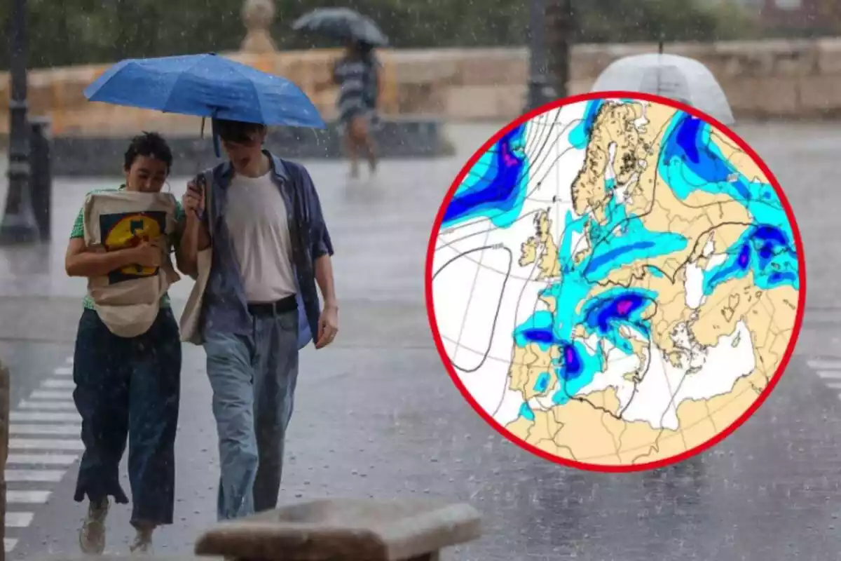 Muntatge de fotos de dues persones a peu baixa la pluja i al costat una imatge d'un mapa amb precipitacions