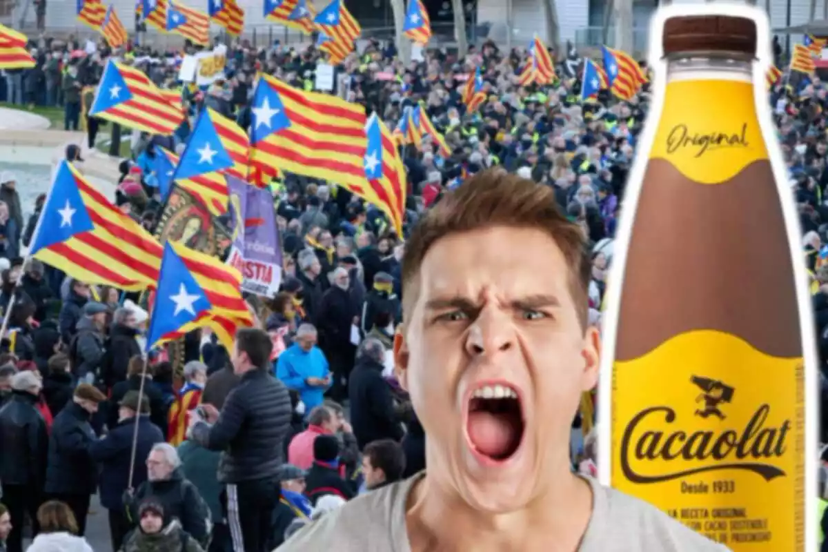 Muntatge de fotos d´una manifestació independentista i, al costat, la imatge d´una ampolla de Cacaolat i un home amb rostre d´enuig
