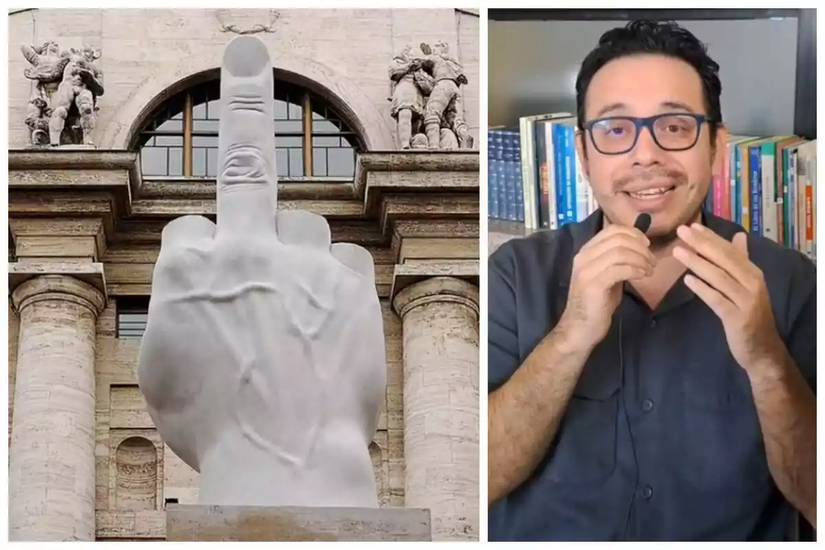 Muntatge de fotos d'una escultura d'una mà ensenyant el dit del cor i, al costat, una captura de pantalla del tiktoker 'AburridoyCurioso' parlant de l'origen d'aquest costum
