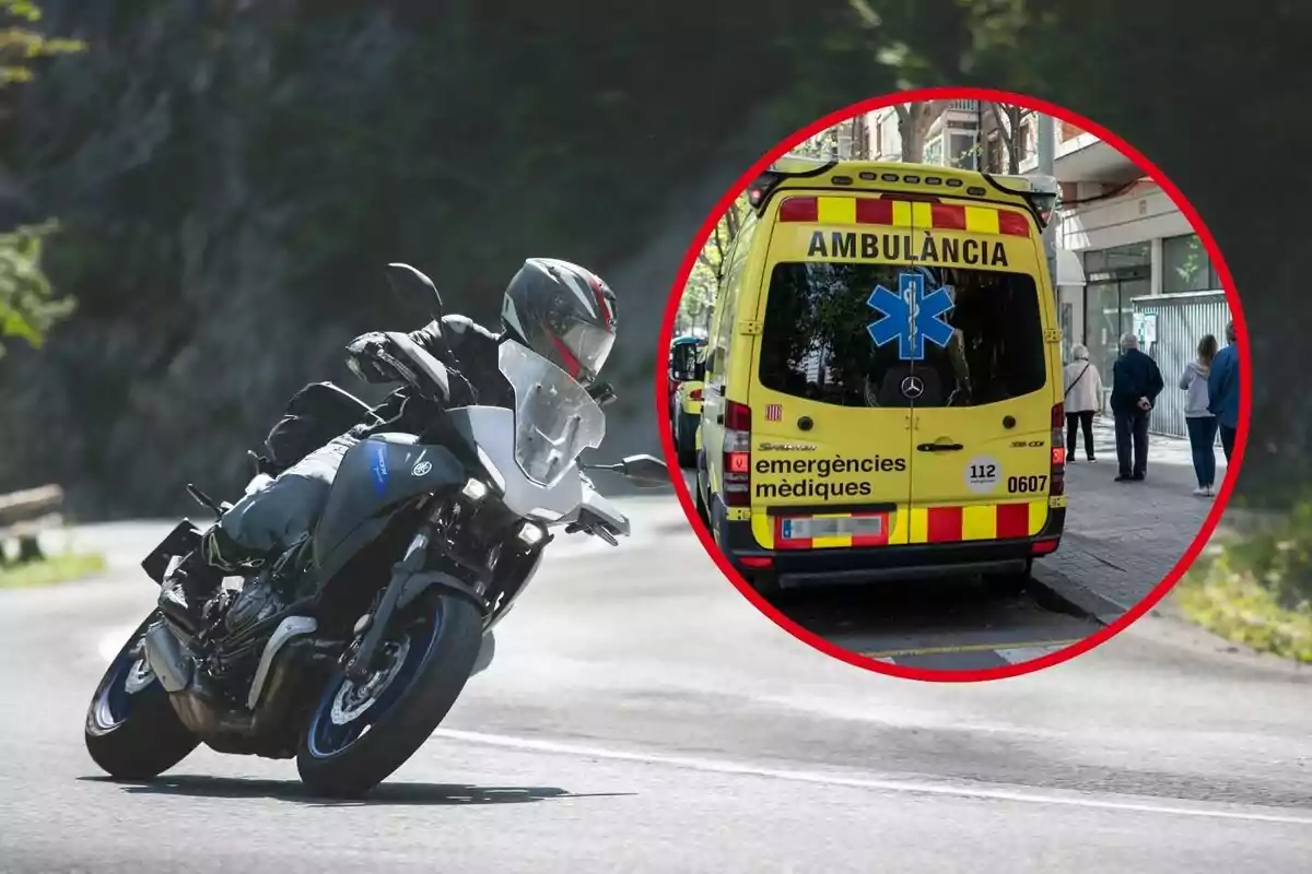 Muntatge de fotos d'un motorista circulant i al costat una imatge d'una ambulància