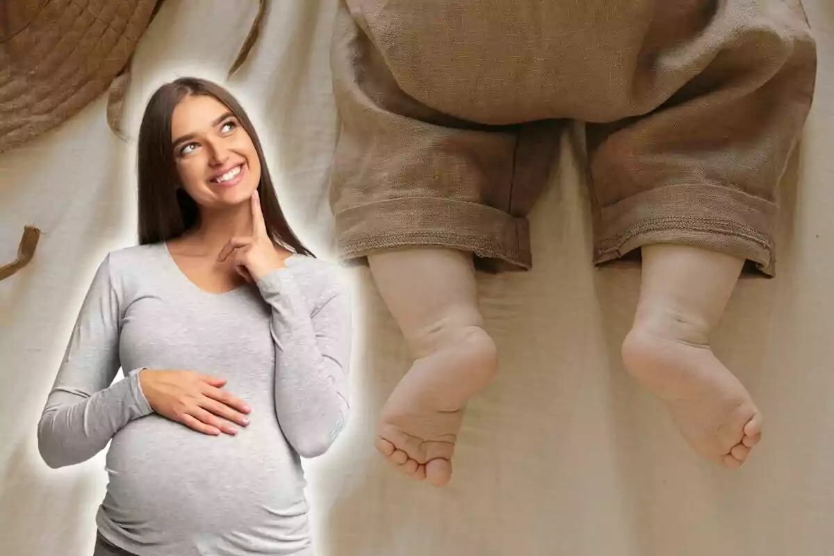 Muntatge de fotos d'una dona embarassada i, de fons, uns peus de nadó