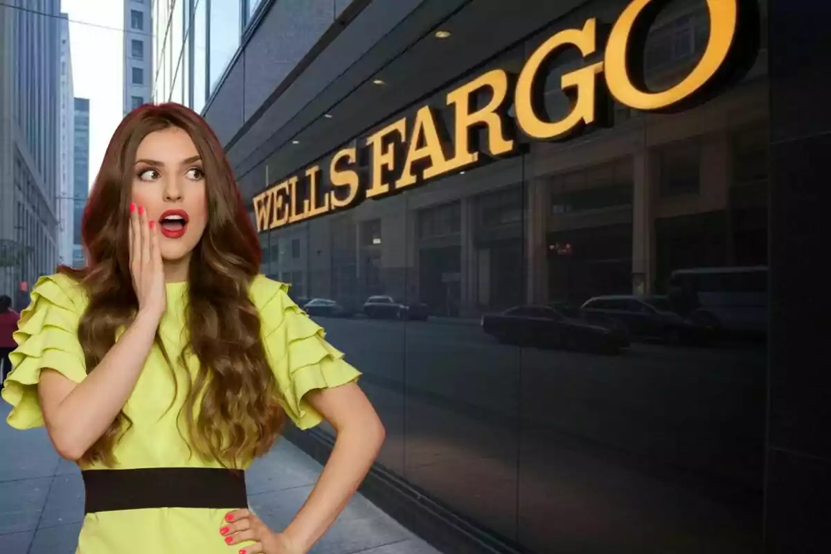Una mujer con expresión sorprendida frente a un edificio con el letrero de Wells Fargo. Una mujer con expresión sorprendida frente a un edificio con el letrero de Wells Fargo.