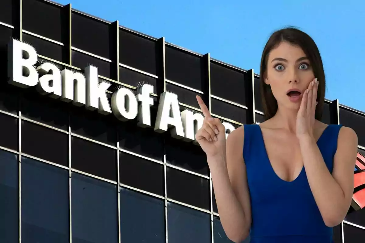 Una mujer con expresión de sorpresa señala hacia un edificio con el logotipo de un banco. Una mujer con expresión de sorpresa señala hacia un edificio con el logotipo de un banco.
