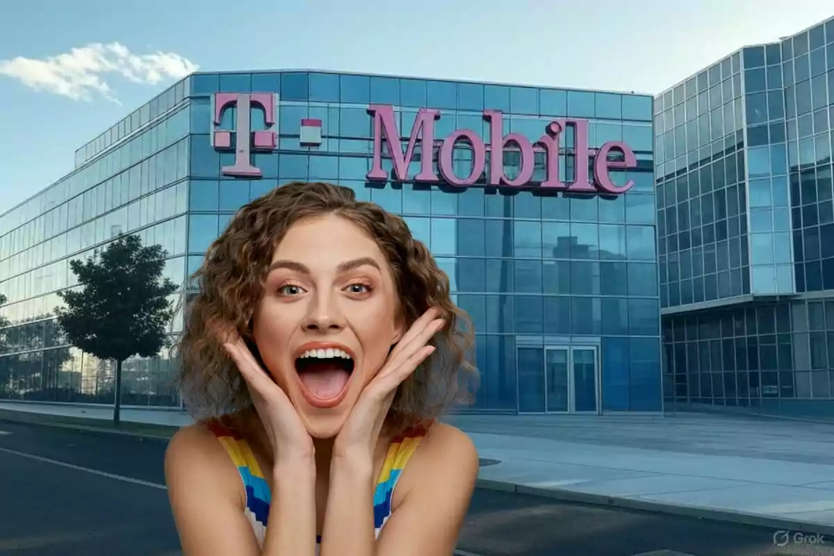 Una mujer sonriente con expresión de sorpresa frente a un edificio de T-Mobile. Una mujer sonriente con expresión de sorpresa frente a un edificio de T-Mobile.