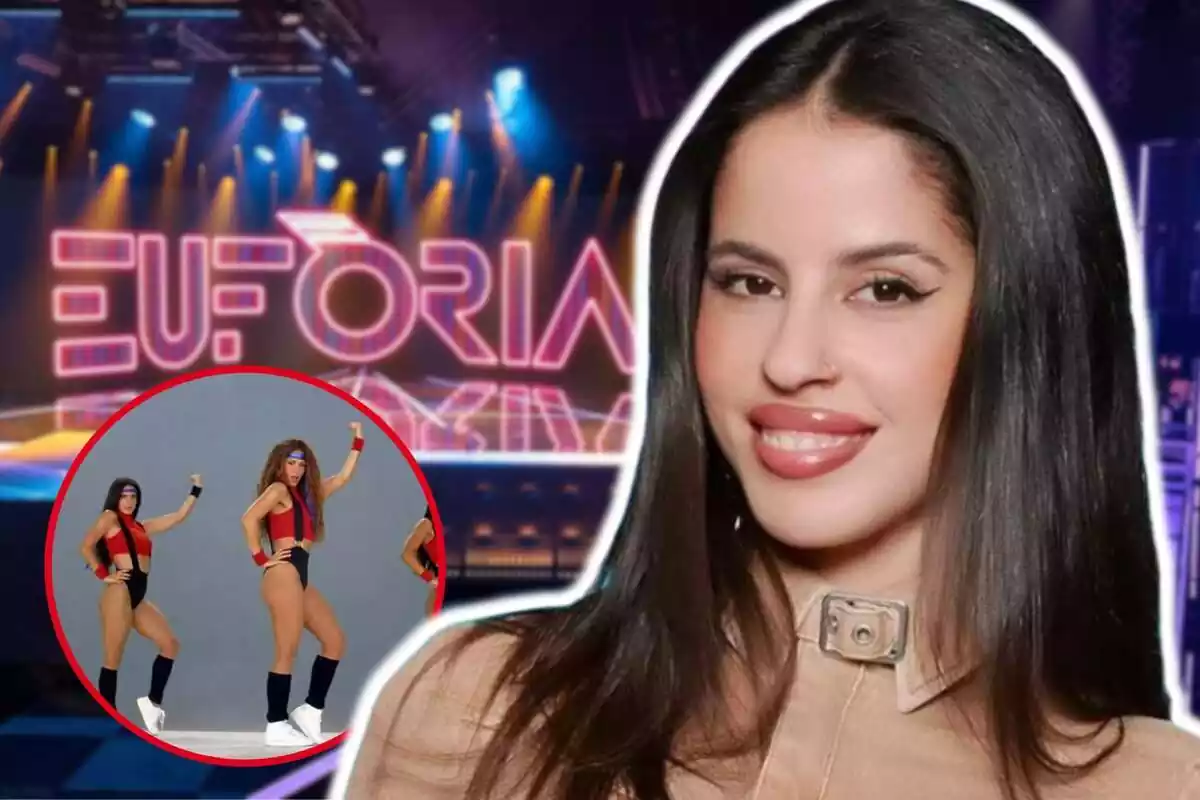 Muntatge de fotos de primer pla de Natalia Palomares somrient i, al costat, una imatge d'ella ballant amb Shakira; de fons, un plànol general del plató d''Eufòria' de TV3