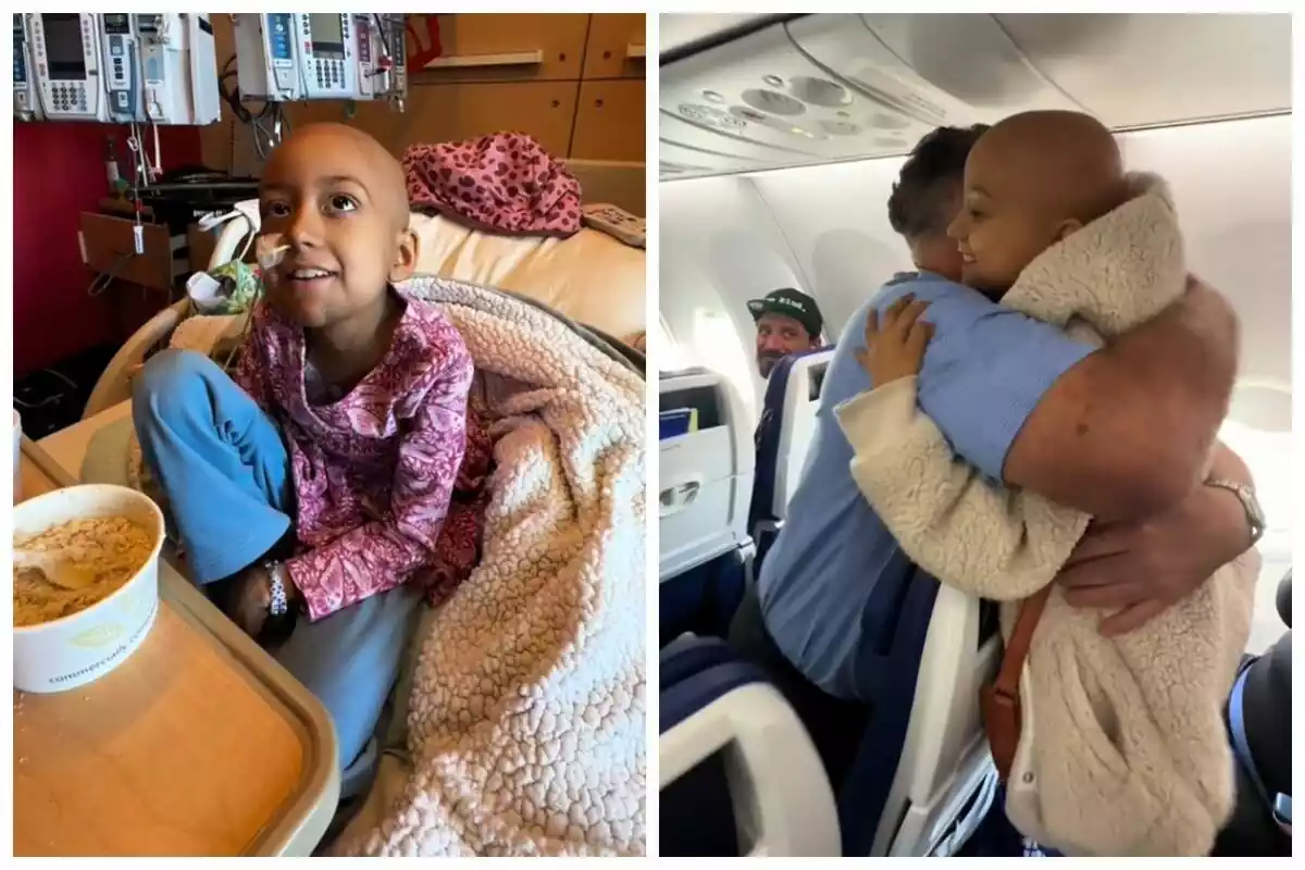 Muntatge de fotos d'una nena de 8 anys a l'hospital somrient i, al costat, una imatge abraçada a una persona a l'interior d'un avió