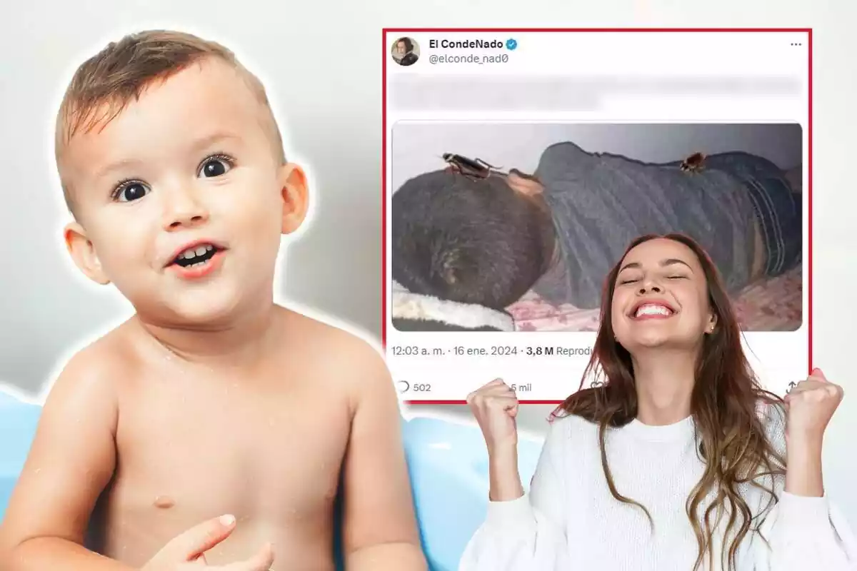 Muntatge de fotos d'un bebè a l'interior d'una banyera, una dona celebrant alguna cosa amb cara molt content i, de fons, la captura de pantalla d'un tweet viral amb el contingut borrós