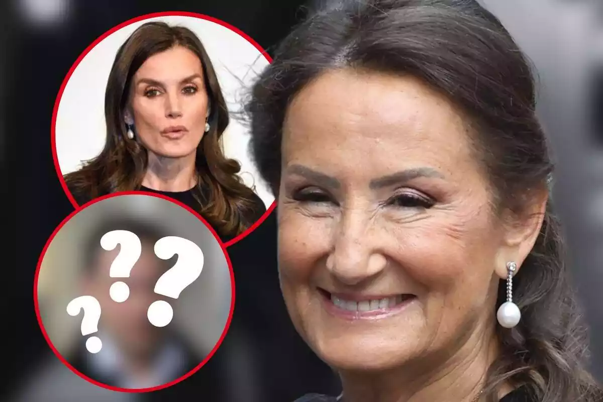 Muntatge de fotos de primer pla de Paloma Rocasolano amb rostre somrient, la reina Letizia amb rostre seriós i una altra imatge amb el contingut borrós i interrogants