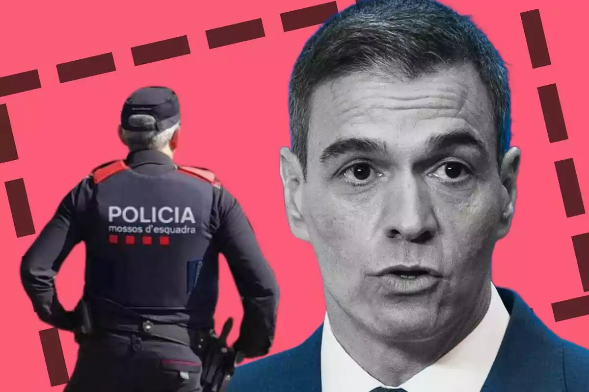 Un policía de espaldas junto a una imagen de Pedro Sánchez en blanco y negro sobre un fondo rosa con líneas oscuras.