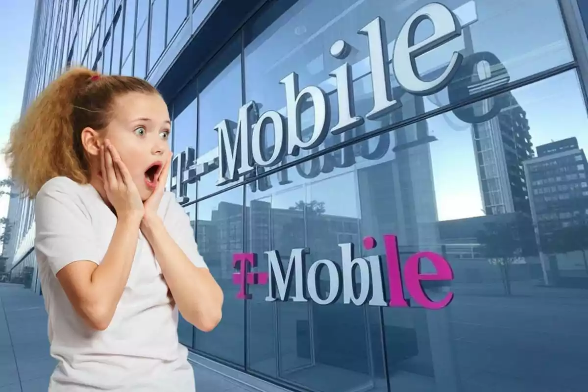 A girl with a surprised expression in front of a building with the T-Mobile logo.