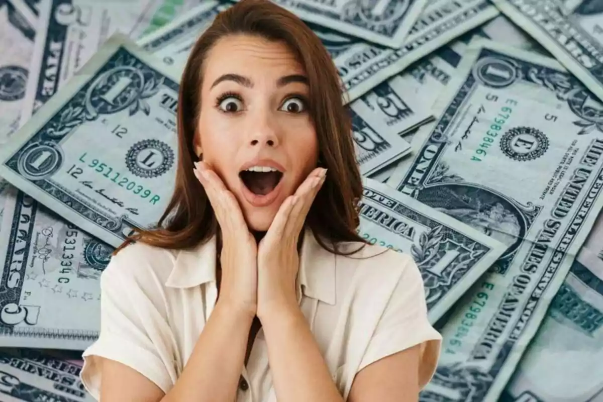 Woman surprised with her hands on her face in front of a background of dollar bills.