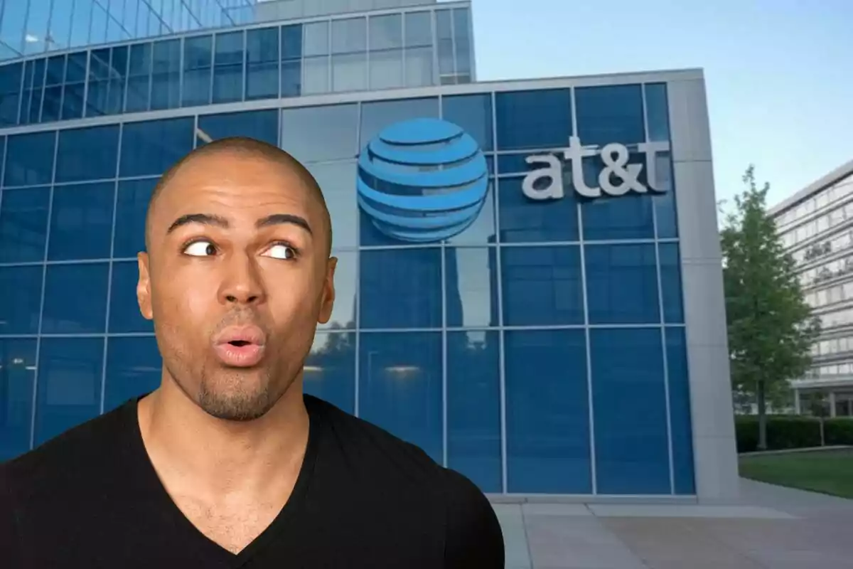 A man with a surprised expression in front of an AT&T building. A man with a surprised expression in front of an AT&T building.