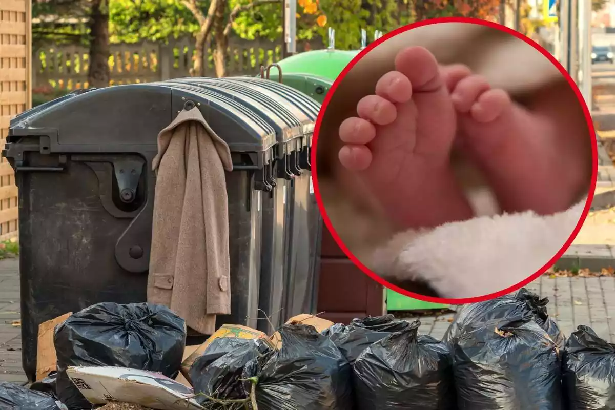 Muntatge de fotos dels peus d'un nounat i uns contenidors d'escombraries de fons