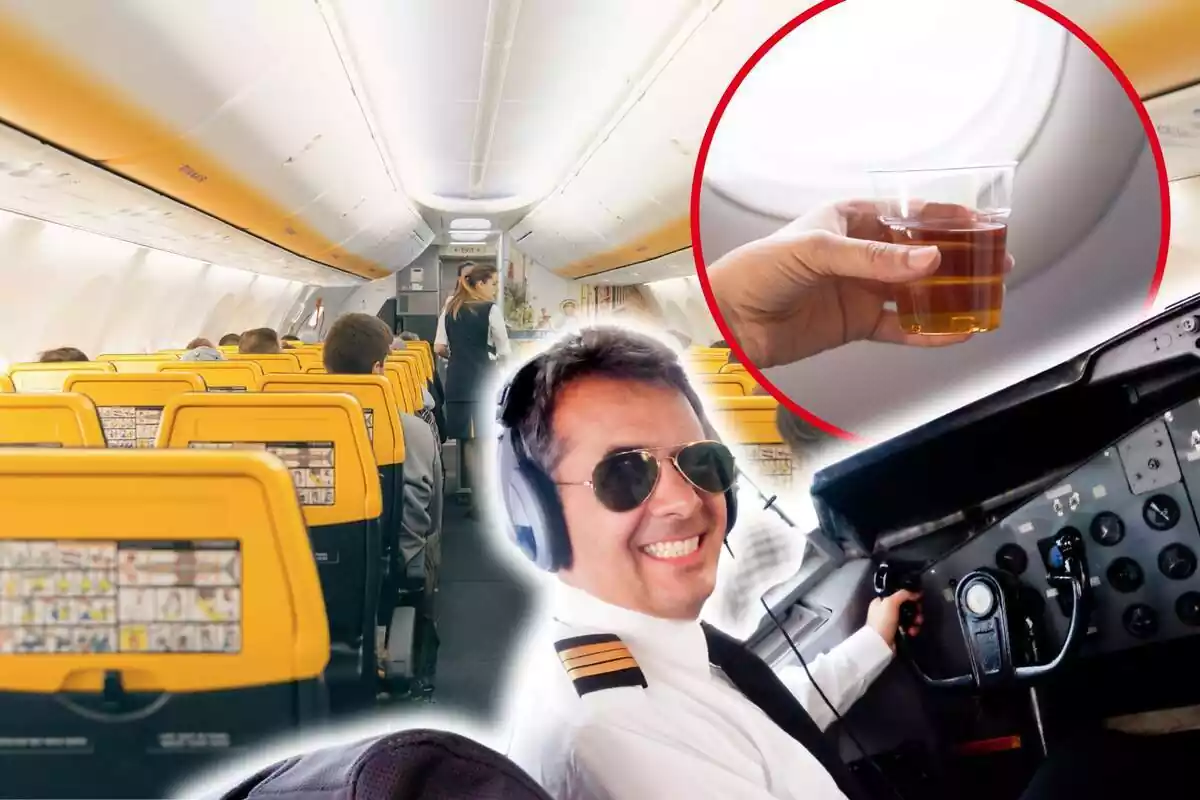 Muntatge de fotos de l´interior d´un avió, un pilot somrient i, al costat, una imatge d´una mà subjectant un got d´alcohol al´interior de l´avió