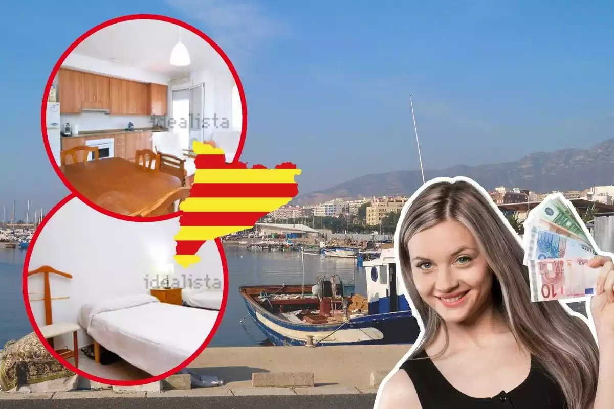 Muntatge de dues fotos d'un pis anunciat a Idealista a Sant Carles de la Ràpita i, de fons, un plànol general del port del poble i una dona subjectant bitllets d'euro