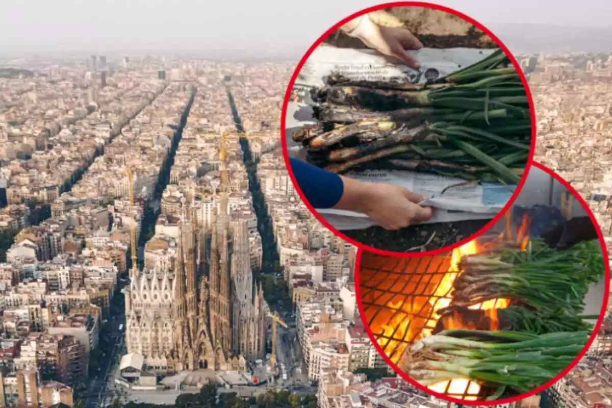 Muntatge de fotos d'un plànol general de Barcelona i al costat imatges de calçots cuinant-se