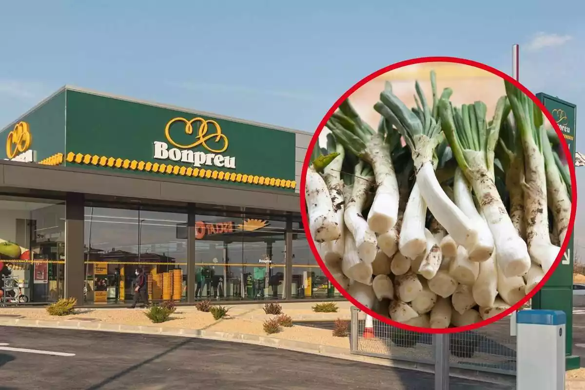 Muntatge de fotos d´un plànol general d´un supermercat Bonpreu i, al costat, la imatge d´un manat de calçots crus