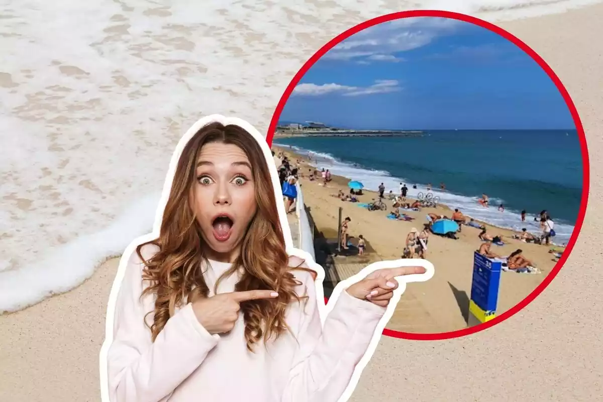 Muntatge de fotos de la platja Nova Mar Bella de Barcelona i, al costat, una persona amb cara de sorpresa