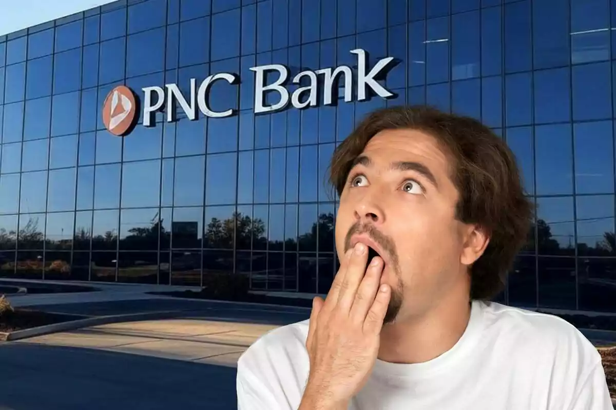 Un hombre con expresión de sorpresa frente a un edificio de PNC Bank.