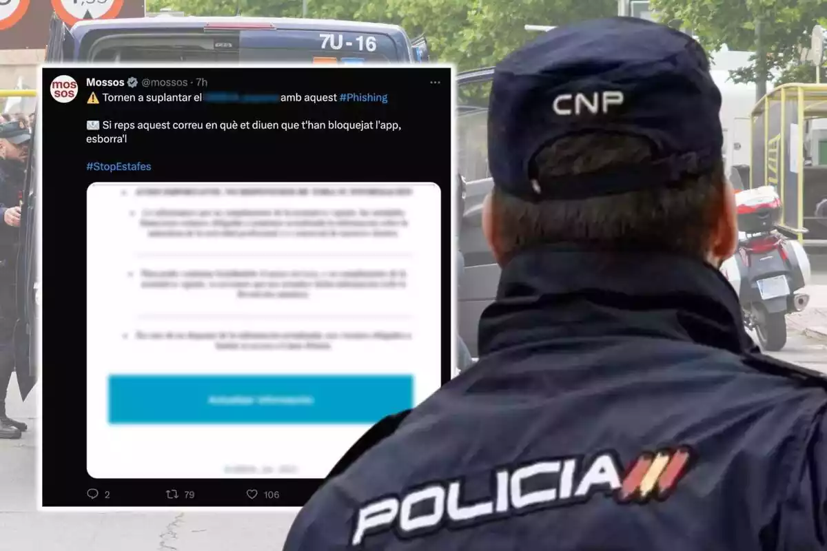 Montaje de fotos de un policía nacional de espaldas y, al lado, una captura de pantalla del tweet donde los Mossos d'Esquadra alertan de una estafa de phishing del BBVA