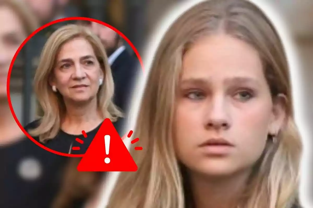 Montaje de fotos de piimer plano de la infanta Cristina de Borbón y, al lado, una imagen de su hija, Irene Urdangarin; ambas con rostro serio y un emoji de atención al lado.