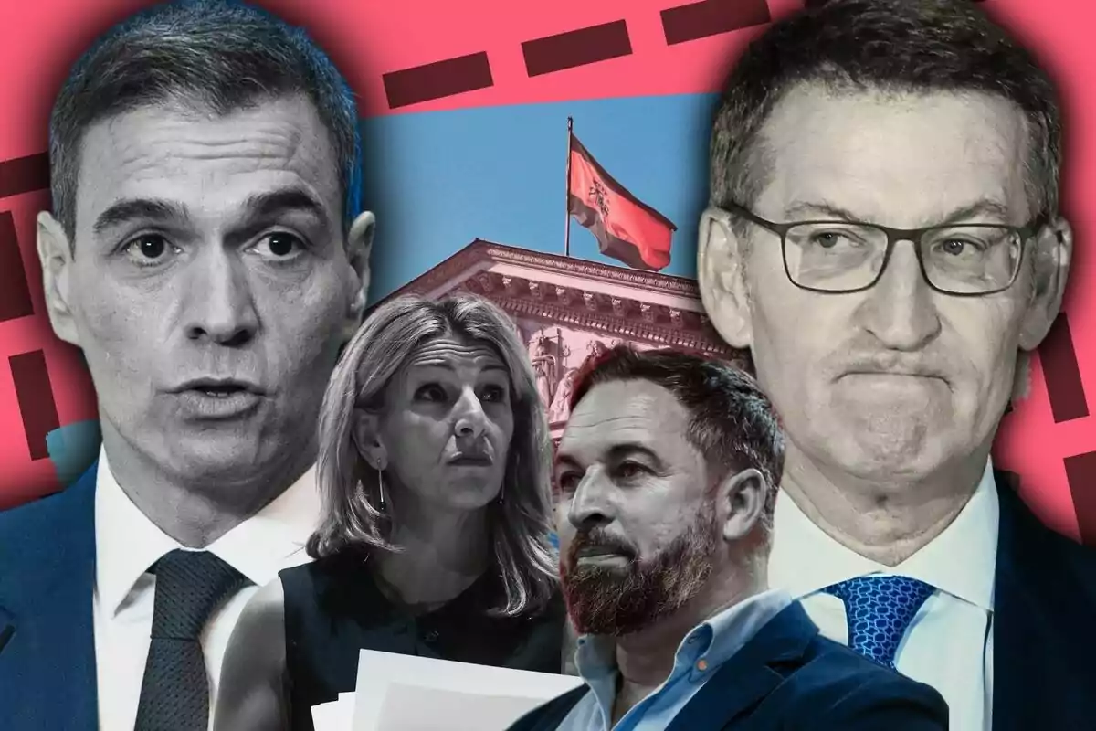 Un collage de Pedro Sánchez, Alberto Núñez Feijóo, Yolanda Díaz i Santiago Abascal, tots en blanc i negre, amb una imatge del Congrés dels Diputats de fons i una bandera d'Espanya.