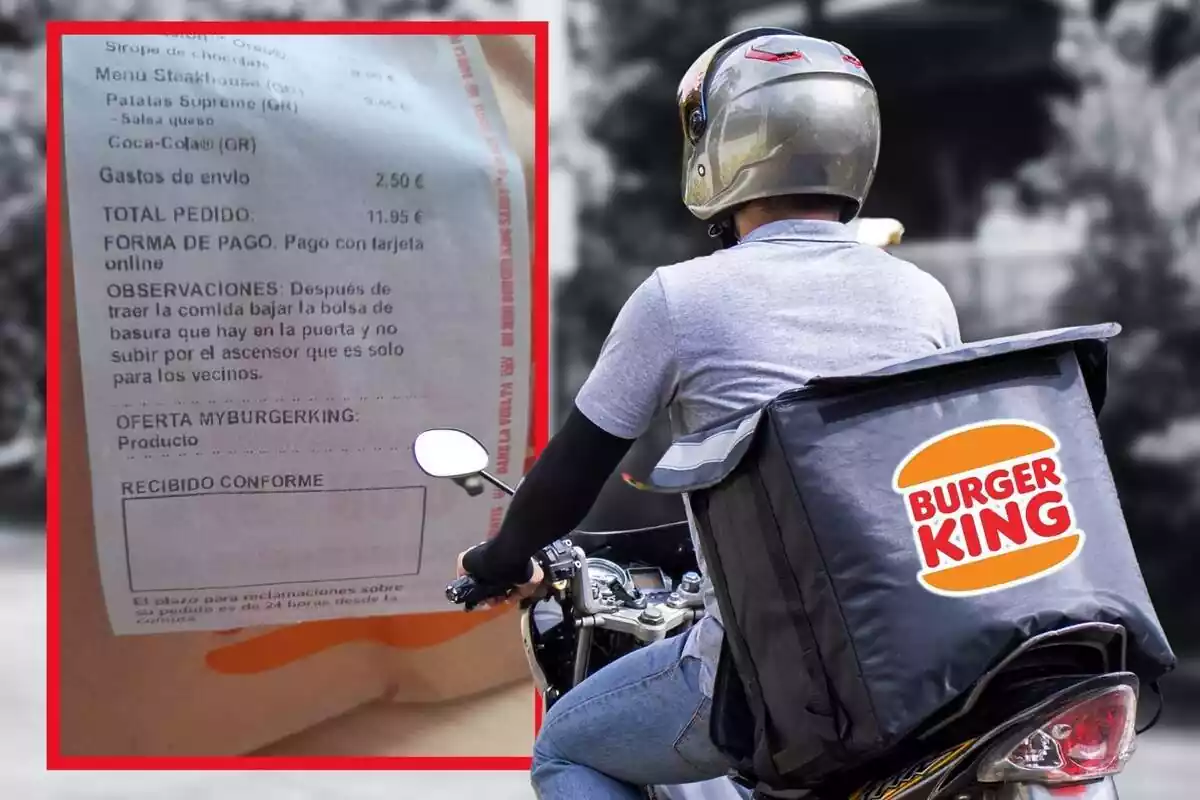 Muntatge de fotos d'un repartidor pujat a una moto d'esquena amb el logotip de Burger King i, al costat, la imatge d'una queixa d'un client de l'empresa esmentada