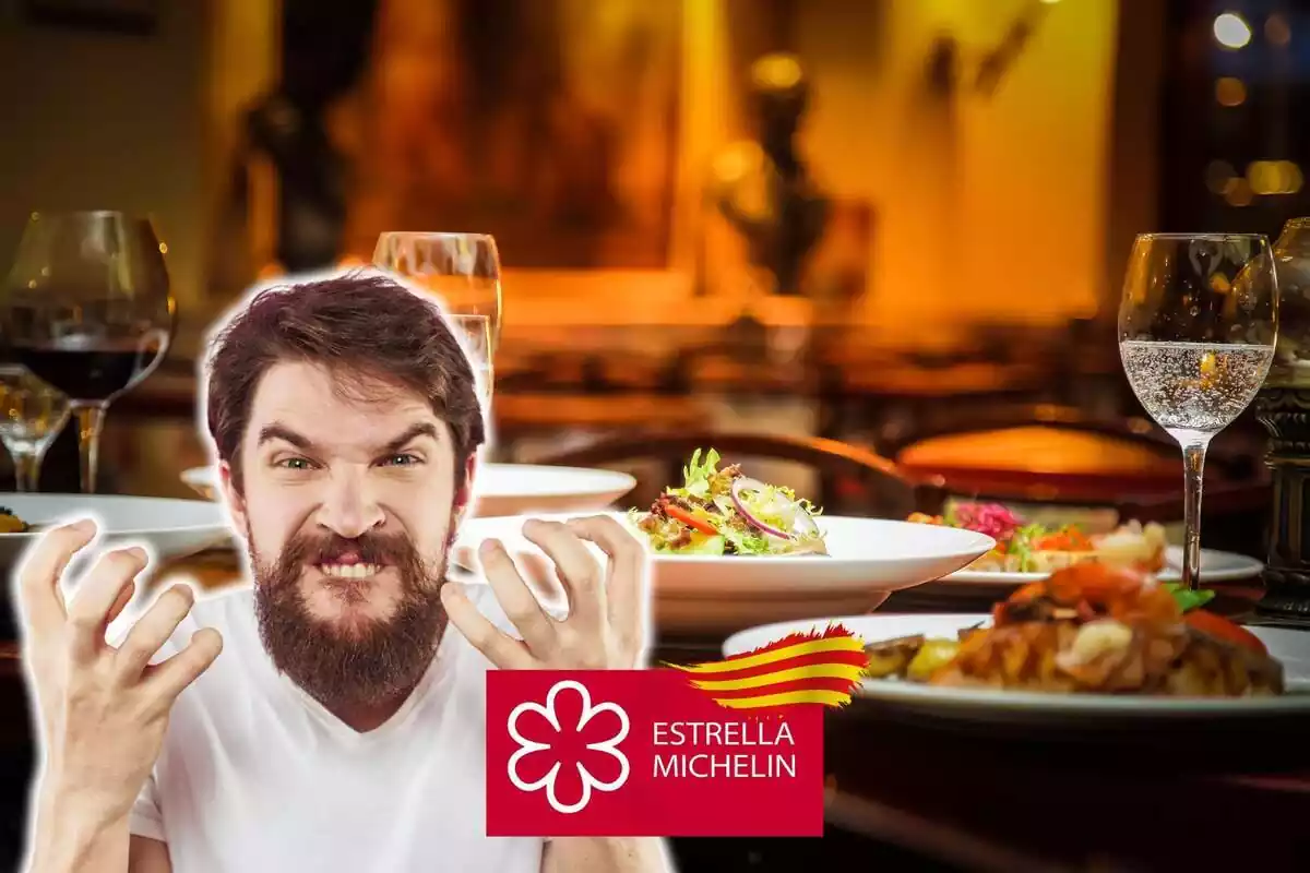 Muntatge de fotos d'una persona enfadada i, de fons, la taula d'un restaurant amb el logotip d''Estrella Michelin' davant