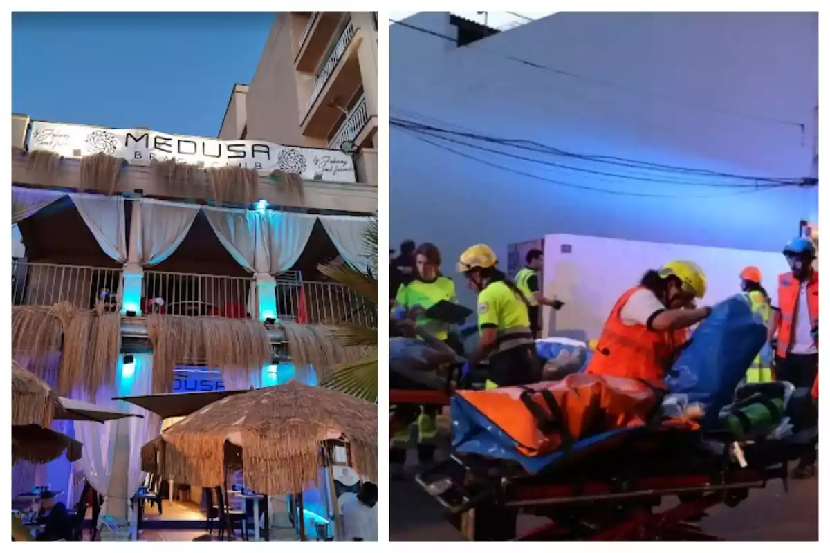 Muntatge de fotos de la façana del restaurant Medusa Beach Club de Palma de Mallorca i, al costat, santiaris atenent ferits pel succés que va tenir lloc al local