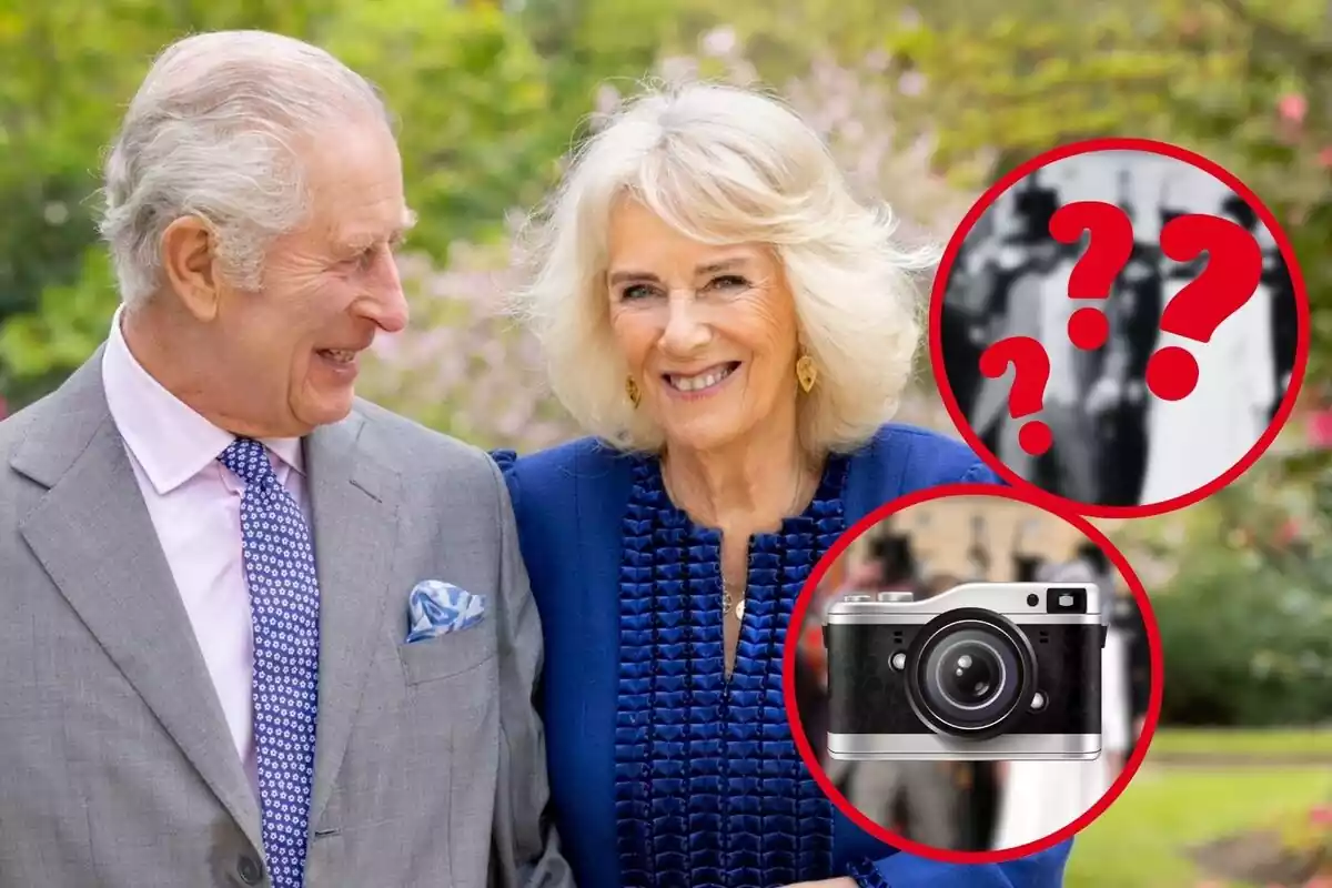 Muntatge de fotos de pla curt del rei Carles III i la reina Camil·la somrients i, al costat, emojis d'una càmera de fotos i interrogants