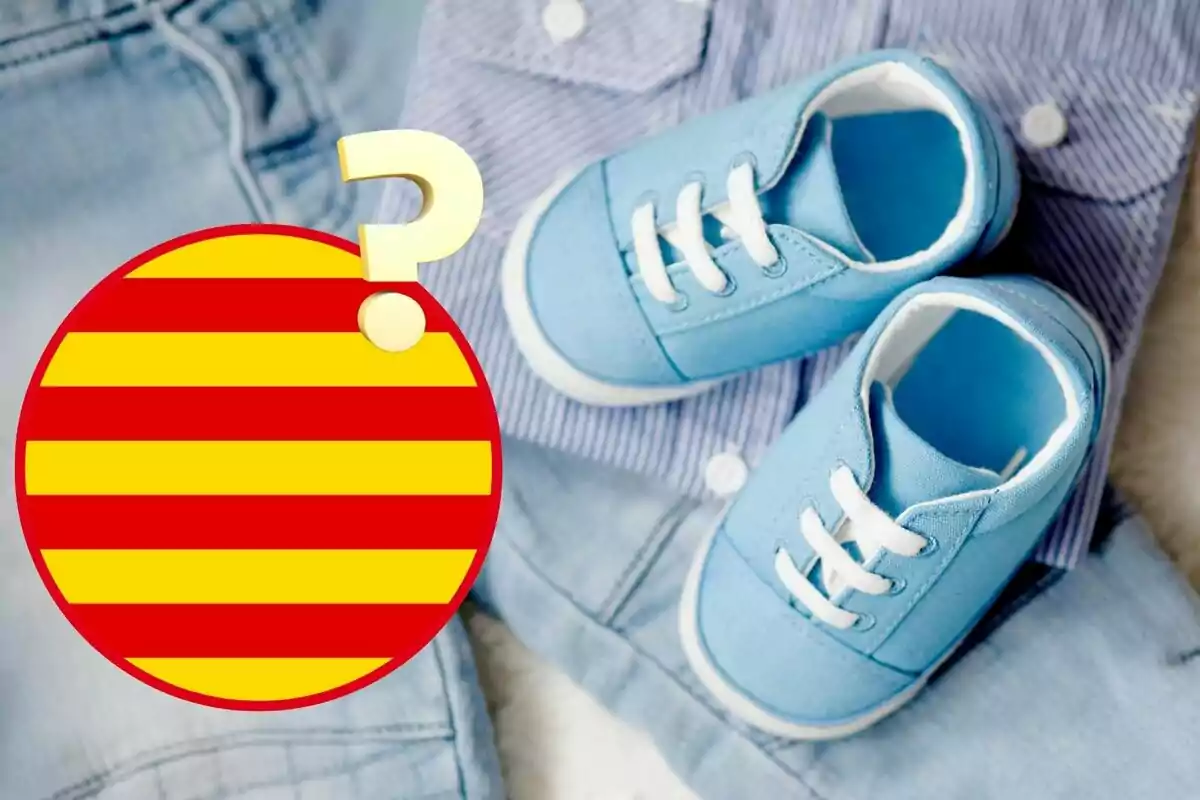 Muntatge de fotos de roba de nen, bandera catalana i un interrogant
