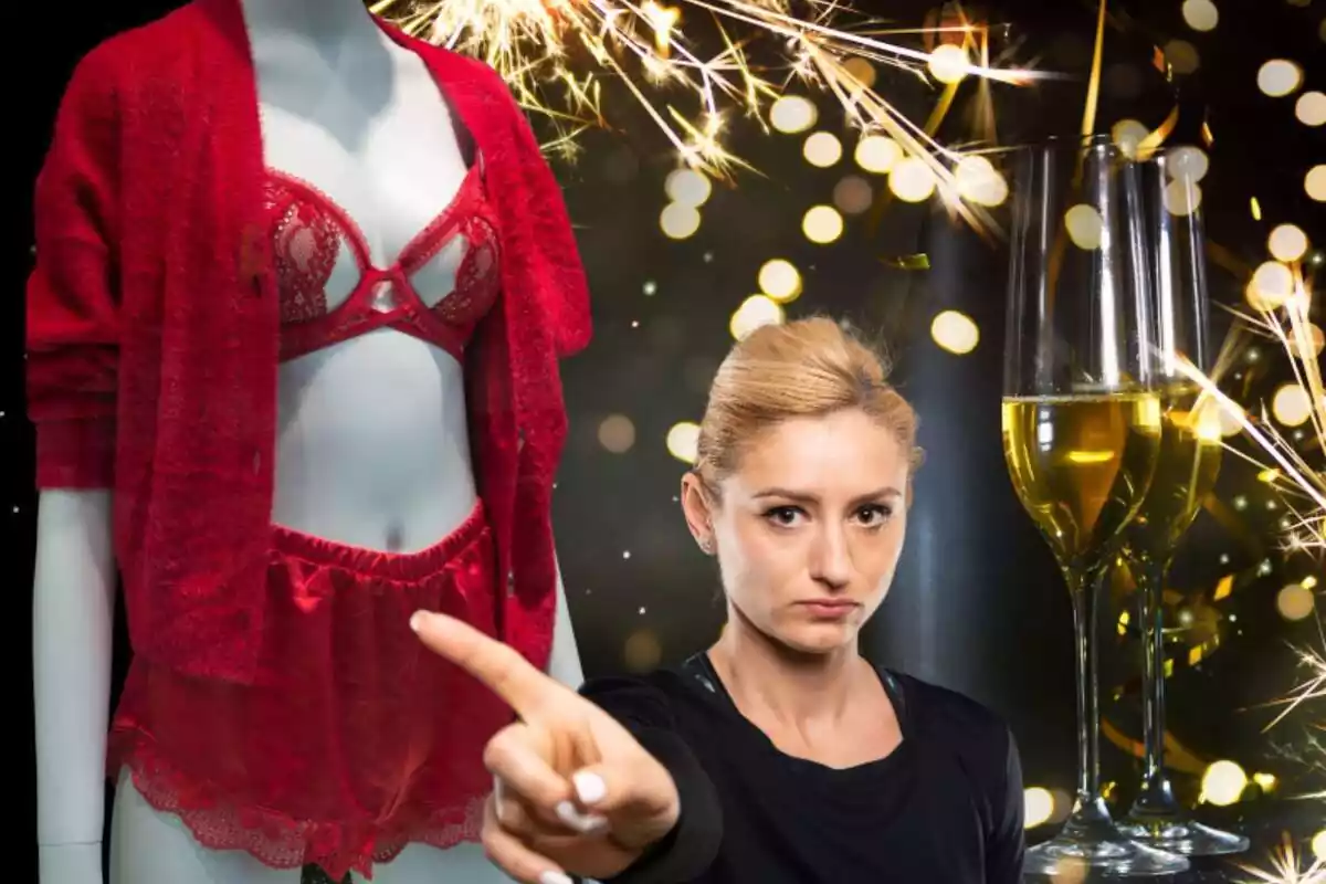 Muntatge de fotos d'un maniquí amb roba interior vermella i de fons dues copes de cava en senyal de celebració de Cap d'Any. Al costat, una noia negant amb la mà.