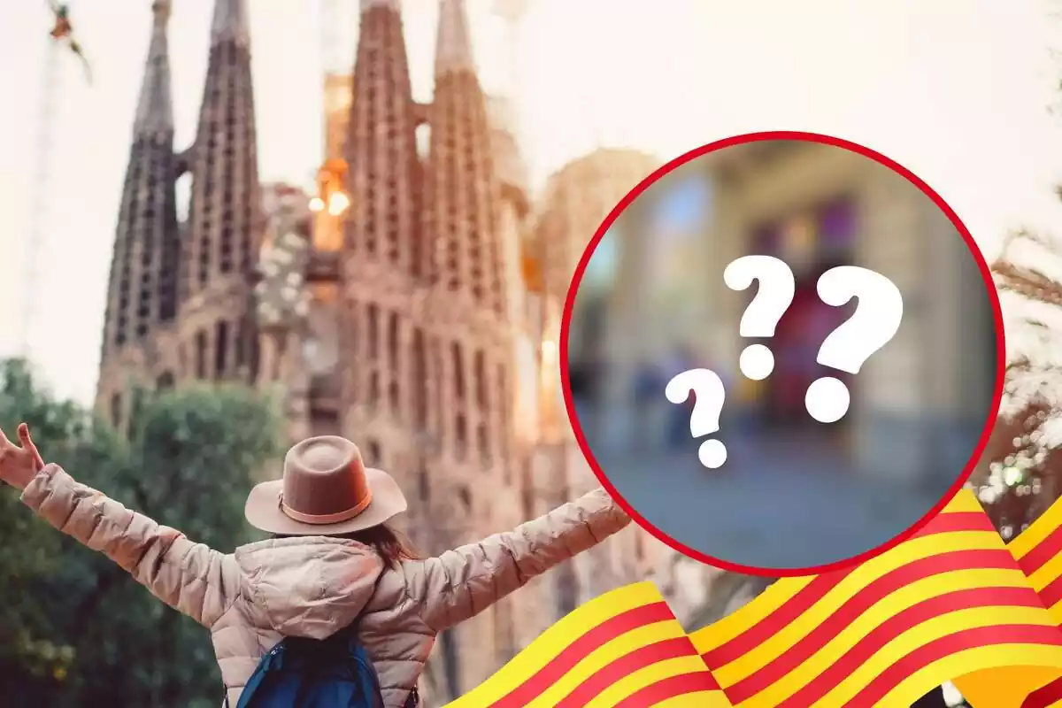 Muntatge de fotos d´un plànol general de la Sagrada Família i, al costat, una imatge de la botiga del Barça borrosa amb interrogants
