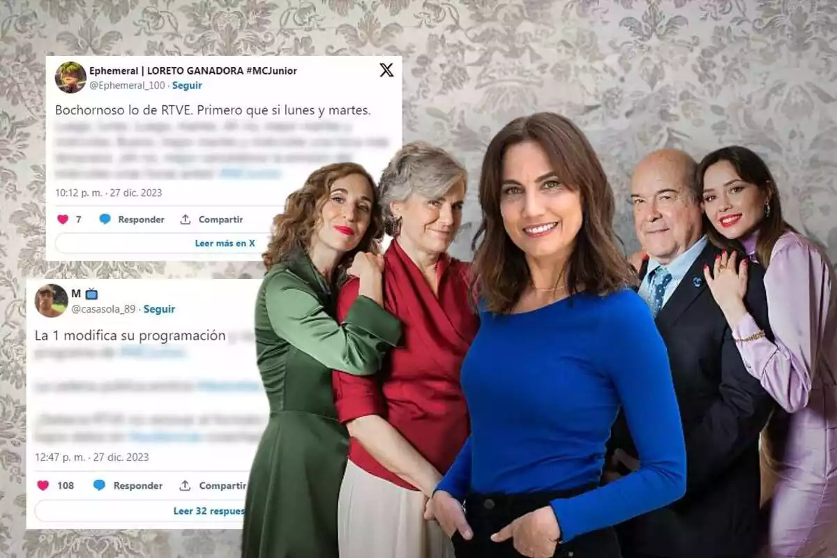 Muntatge de fotos d'uns tweets criticant la reprogramació de RTVE i, en primer pla, els cinc personatges principals de la sèrie '4 estrellas'